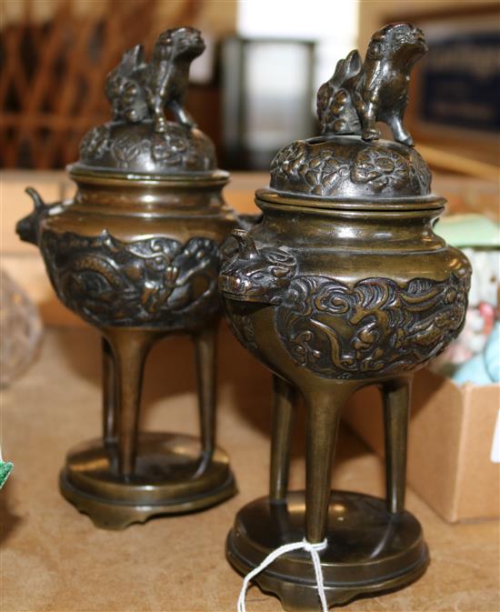 A pair of 19th century Chinese bronze censers, 7in.